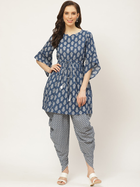 

Nayo Women Navy Blue Ethnic Motifs Printed Pleated Pure Cotton Kurta with Dhoti Pants