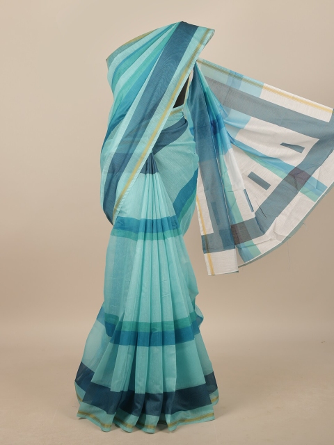 

Pothys Green & Blue Striped Patchwork Linen Blend Saree