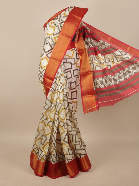 

Pothys Cream-Coloured & Yellow Printed Zari Saree