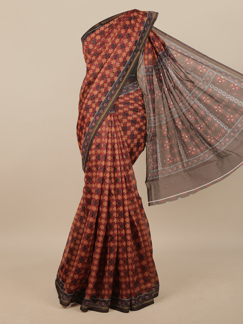

Pothys Brown & Black Printed Linen Blend Saree