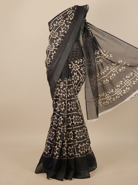 

Pothys Black & Off White Printed Linen Blend Saree