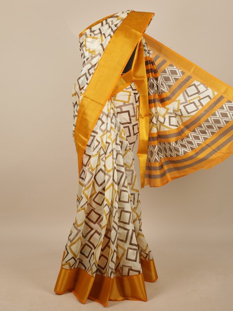 

Pothys Cream-Coloured & Yellow Printed Zari Saree