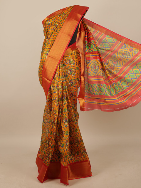 

Pothys Mustard & Red Ethnic Motifs Printed Zari Saree