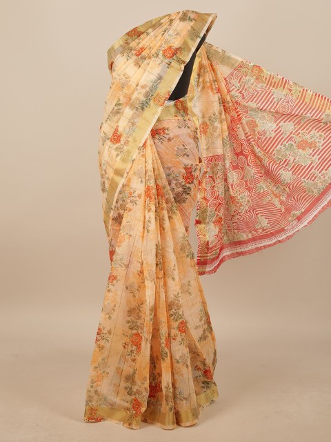 

Pothys Peach-Coloured & Red Floral Printed Zari Saree