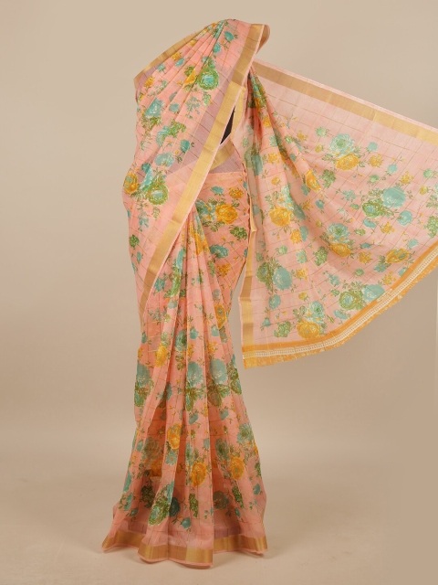 

Pothys Peach-Coloured & Green Floral Printed Saree