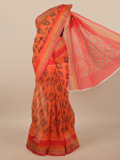 

Pothys Orange & Brown Ethnic Motifs Printed Linen Blend Saree