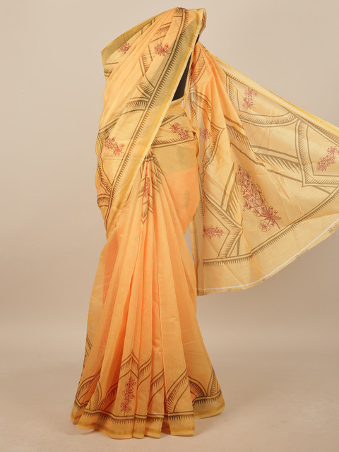 

Pothys Yellow & Brown Floral Printed Linen Blend Saree