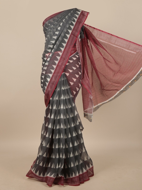 

Pothys Grey & Maroon Ethnic Motifs Printed Linen Blend Saree