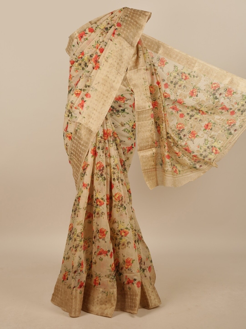 

Pothys Beige & Orange Floral Printed Saree