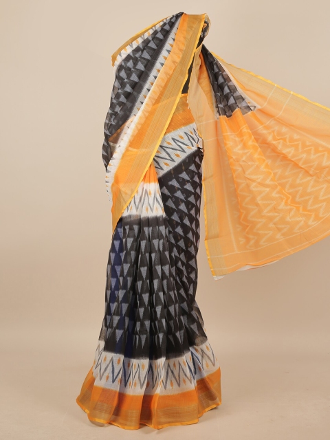 

Pothys Charcoal Grey & Orange Ethnic Motifs Printed Linen Blend Saree