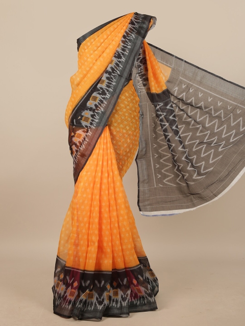 

Pothys Mustard Yellow & Black Ethnic Motifs Printed Linen Blend Saree