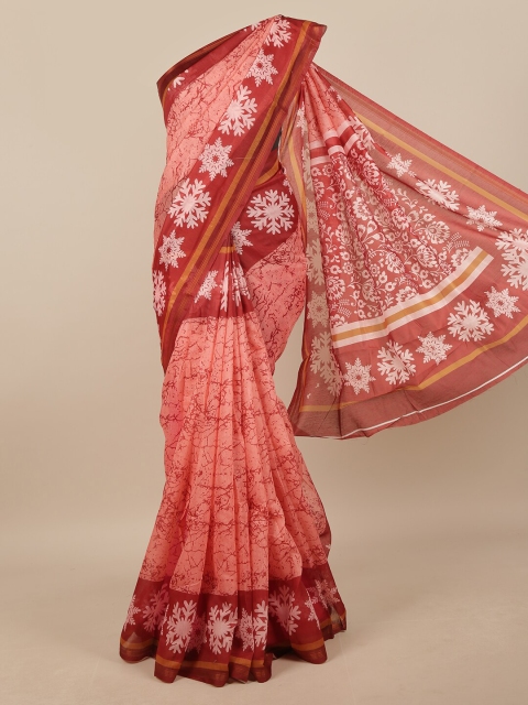 

Pothys Peach-Coloured & Red Geometric Printed Linen Blend Saree