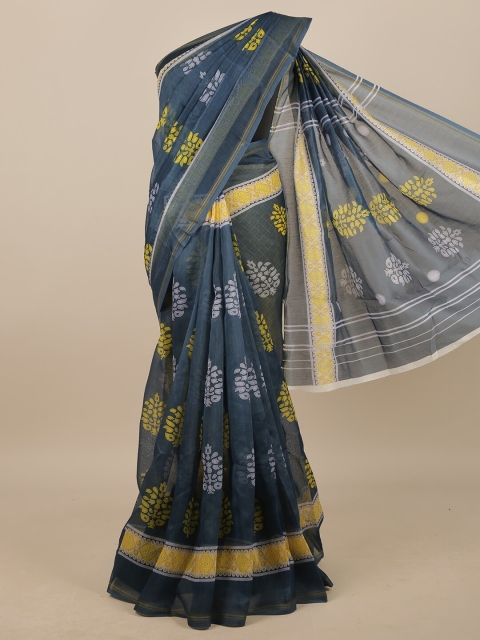 

Pothys Blue & Yellow Ethnic Motifs Zari Linen Blend Saree