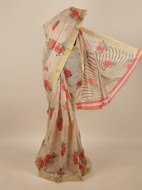 

Pothys Beige & Orange Floral Saree