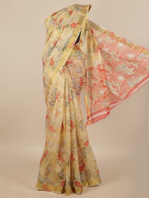 

Pothys Cream-Coloured & Red Floral Zari Saree