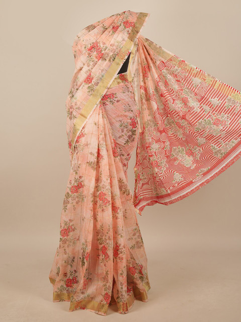 

Pothys Peach-Coloured & Red Floral Zari Saree