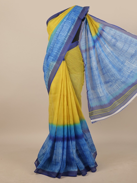

Pothys Yellow & Blue Colourblocked Linen Blend Saree