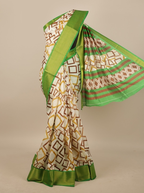 

Pothys Cream-Coloured & Green Geometric Printed Zari Saree