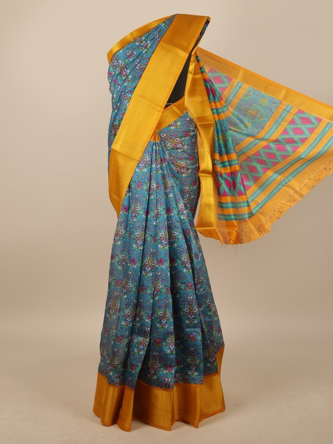 

Pothys Blue & Yellow Cotton Blend Floral Printed Saree