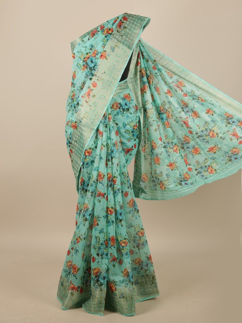 

Pothys Green & Gold-Toned Cotton Blend Floral Printed Saree