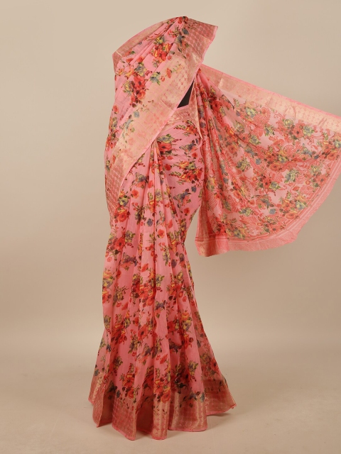 

Pothys Pink & Green Cotton Blend Floral Printed Saree