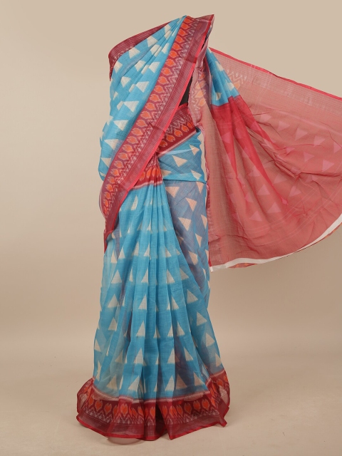 

Pothys Blue Linen & Red Blend Geometric Printed Saree