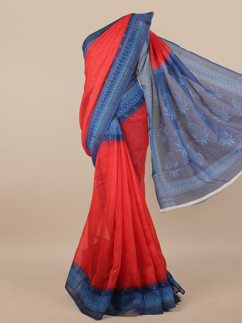 

Pothys Red & Blue Linen Blend Ethnic Motifs Printed Saree