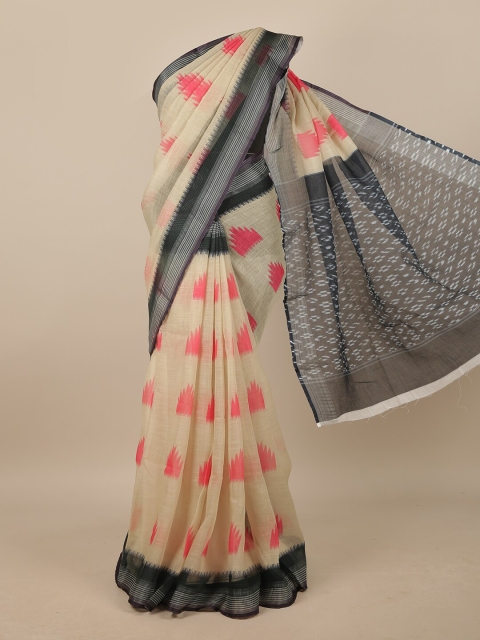 

Pothys Cream-Coloured & Pink Linen Blend Geometric Printed Saree