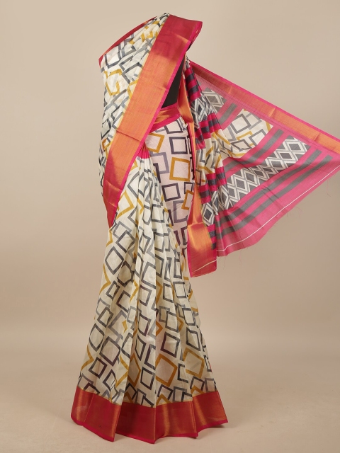 

Pothys Cream-Coloured & Pink Cotton Blend Geometric Printed Saree