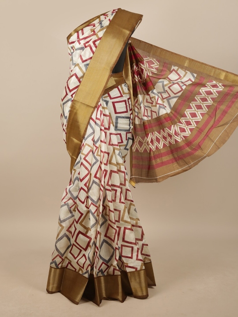 

Pothys Cream-Coloured & Brown Cotton Blend Floral Printed Saree