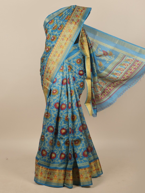 

Pothys Blue & Maroon Cotton Blend Floral Printed Saree