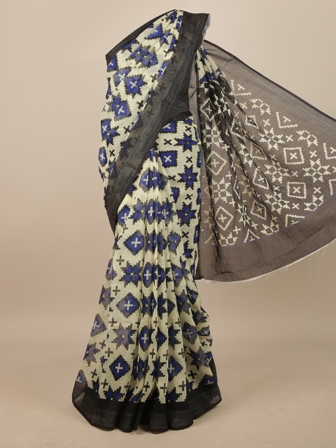 

Pothys Cream-Coloured & Blue Linen Blend Geometric Printed Saree