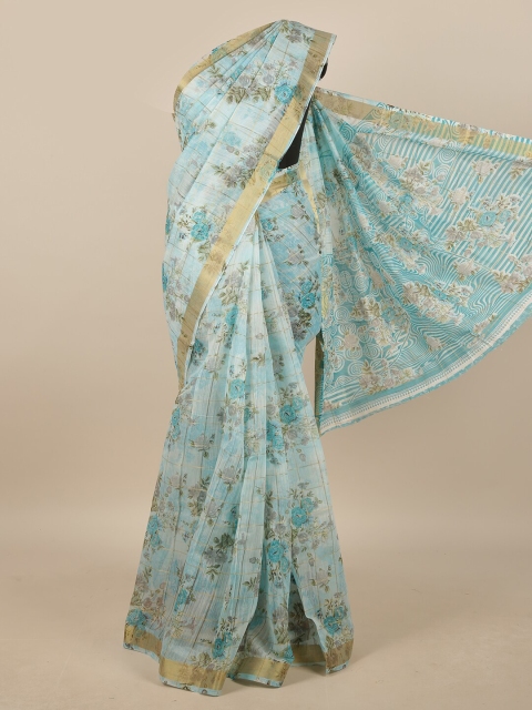 

Pothys Blue & Grey Cotton Blend Floral Printed Saree