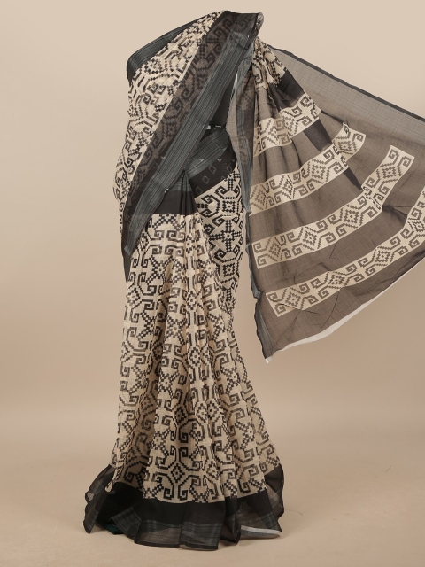 

Pothys Cream-Coloured & Black Linen Blend Geometric Printed Saree