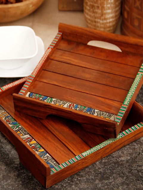 

Unravel India Set Of 2 Brown Madhubani Art Painted Wooden Tray