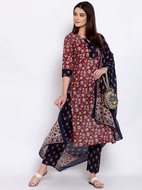 

Yuris Women Maroon Ethnic Motifs Printed Regular Pure Cotton Kurta with Trousers & Dupatta