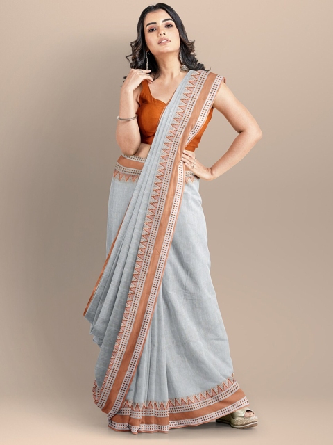 

BharatSthali Grey & Mustard Pure Cotton Maheshwari Saree