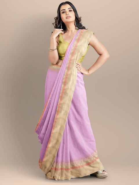 

BharatSthali Pink Pure Cotton Solid Maheshwari Handloom Saree