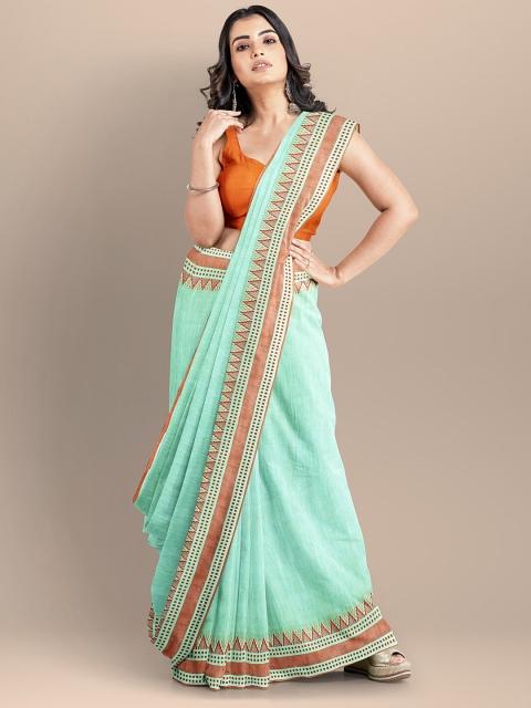 

BharatSthali Sea Green & Orange Solid Pure Cotton Solid Maheshwari Handloom Saree