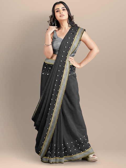 

BharatSthali Black & Gold-Toned Woven Design Pure Linen Mangalagiri Saree