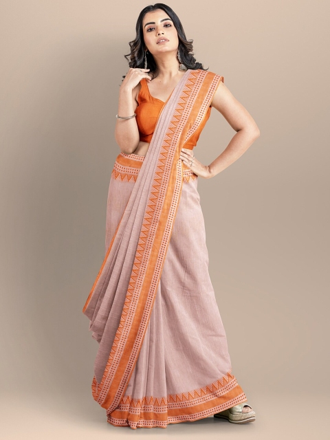 

BharatSthali Beige & Orange Pure Cotton Maheshwari Saree