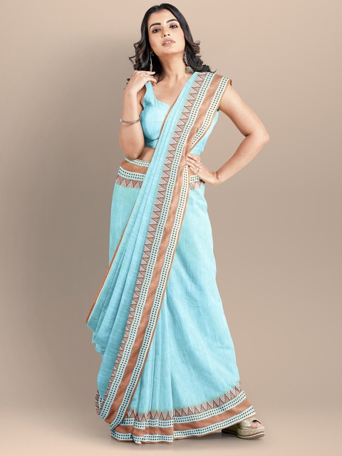 

BharatSthali Blue & Brown Pure Cotton Maheshwari Saree