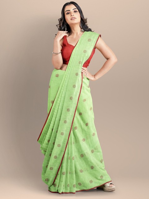 

BharatSthali Green & Maroon Woven Design Pure Cotton Taant Saree