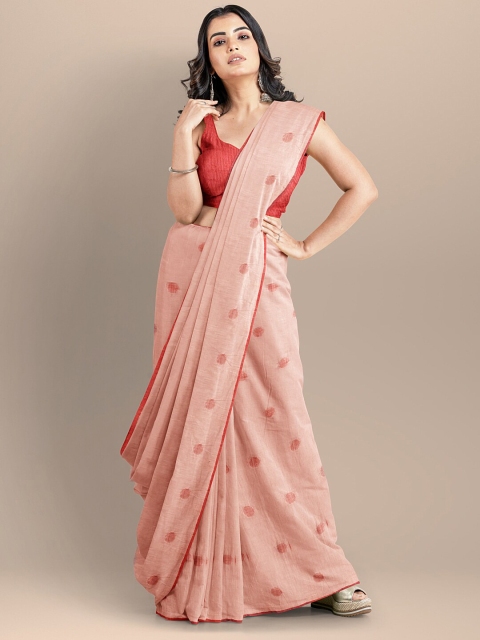 

BharatSthali Peach-Coloured & Red Woven Design Pure Cotton Taant Saree