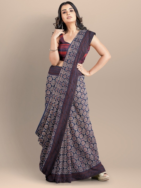 

BharatSthali Navy Blue & Maroon Ethnic Motifs Pure Cotton Block Print Saree