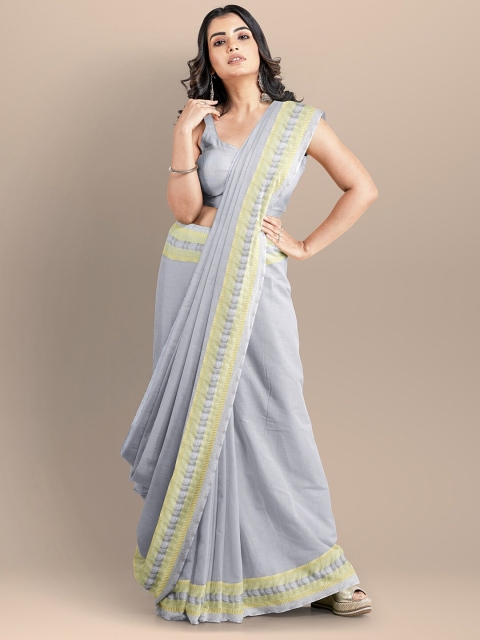 

BharatSthali Grey & Yellow Pure Cotton Maheshwari Saree