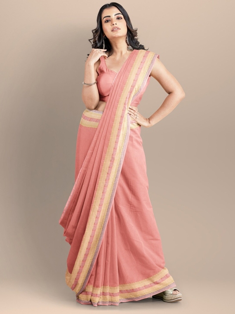 

BharatSthali Peach-Coloured & Beige Zari Pure Cotton Maheshwari Saree