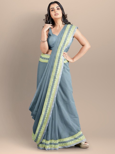 

BharatSthali Blue & Green Zari Pure Cotton Maheshwari Saree