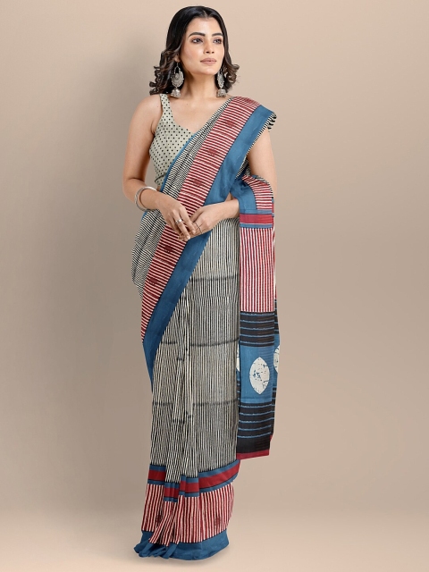 

BharatSthali Black & White Striped Pure Cotton Block Print Saree