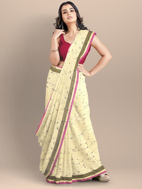 

BharatSthali Cream-Coloured & Pink Pure Cotton Block Print Saree